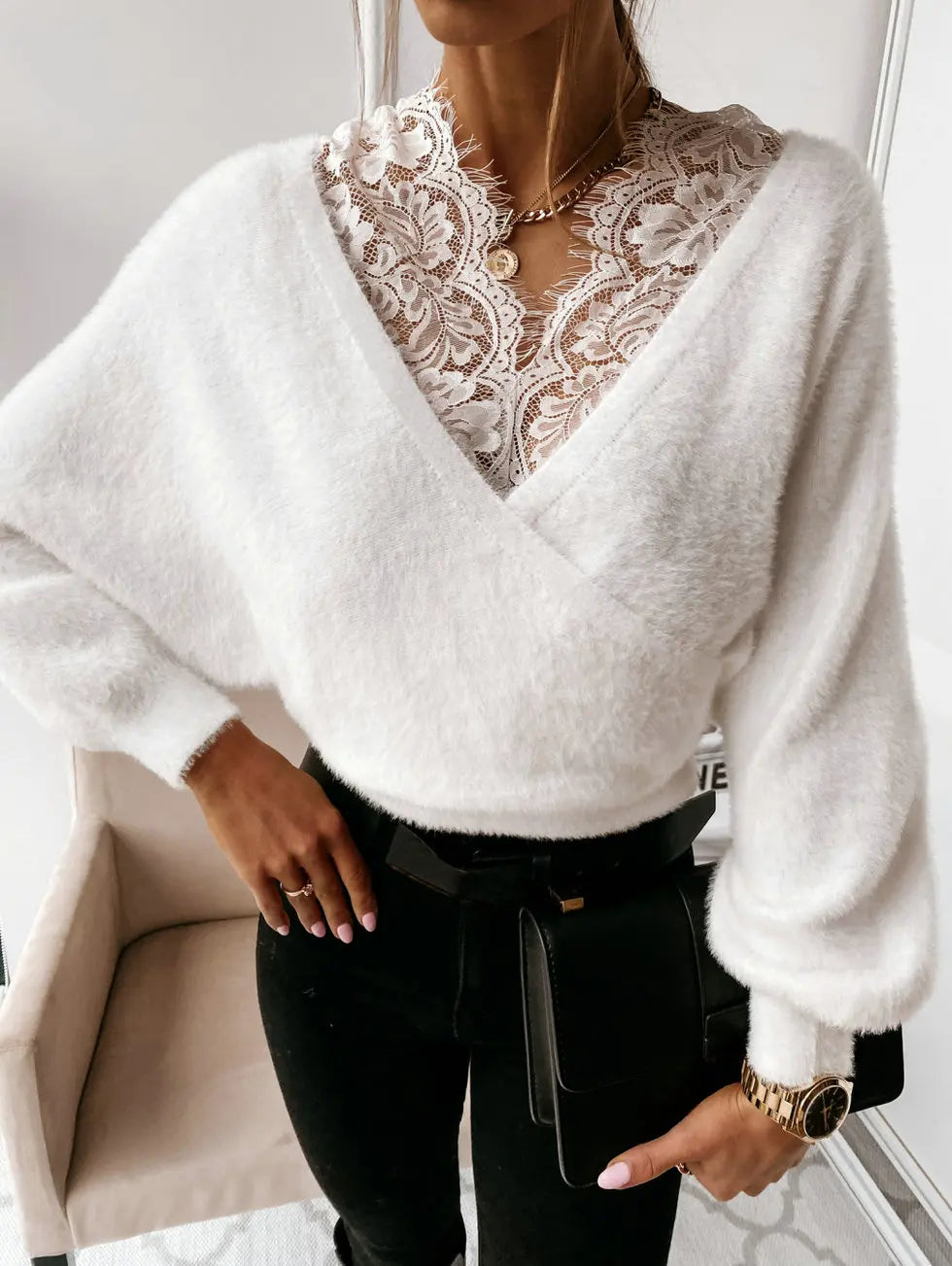 Kianna Lace-Trimmed V-Neck Sweater