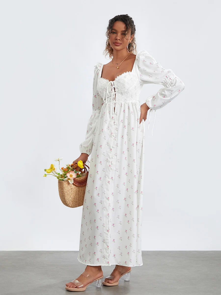 Back View of Margaux Floral Lace-Up Maxi Dress