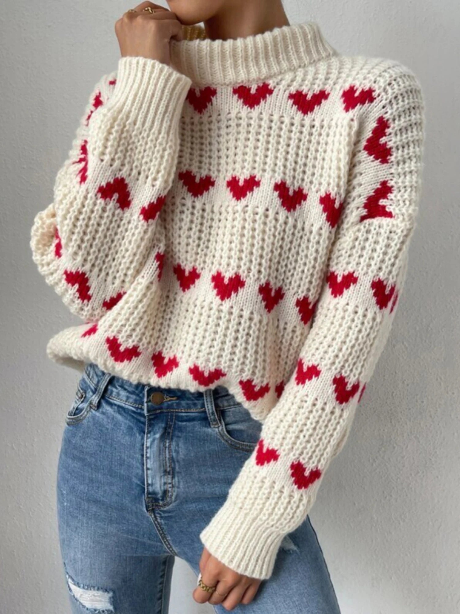 Back View of Jamie Heart Pattern Knit Sweater