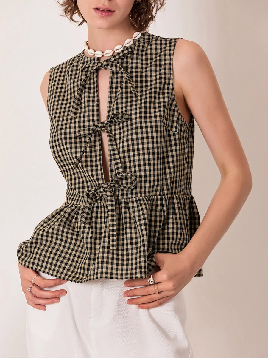 Back View of Layla Gingham Bow-Tie Peplum Top
